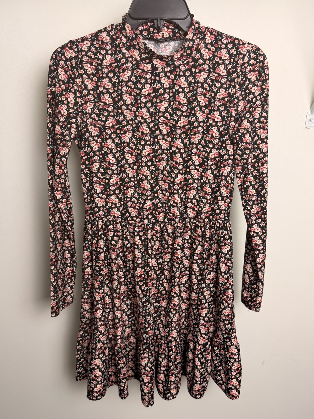 As U Wish Black Floral Mock Neck Mini Dress Size S Long Sleeve Ruffle Hem